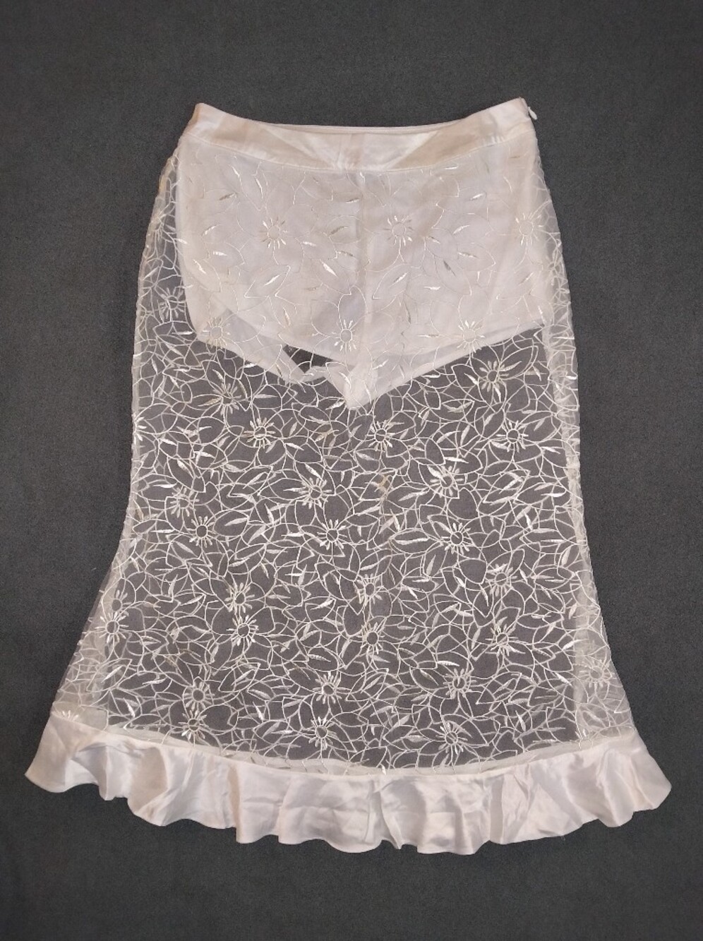 White Floral Lace Maxi Skirt with Satin Ruffle Hem